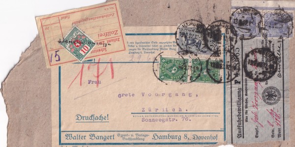 13.02.1922 Hamburg - Zürich Zollfrei Nachtaxiertes Packet