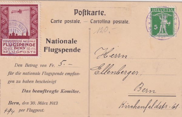 Flug Vorläufer Bern Nr. III auf der Oskar Bider Karte