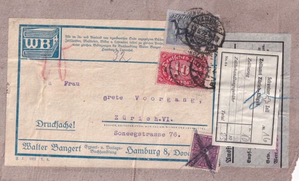 13.05.1922 Zollamt Zürich Eilgut Packet Taxierung